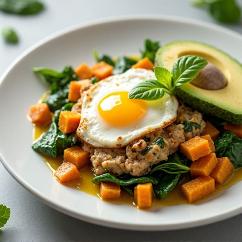 Egg White and Turkey Spinach Scramble with Roasted Sweet Potatoes
