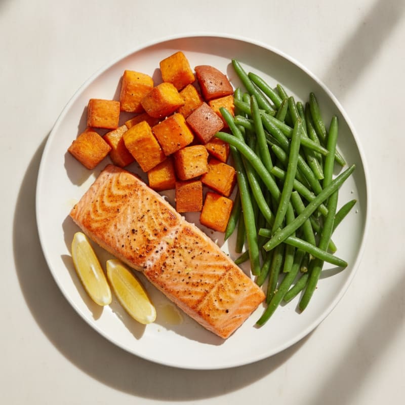 Seared Salmon with Roasted Sweet Potato and Green Beans