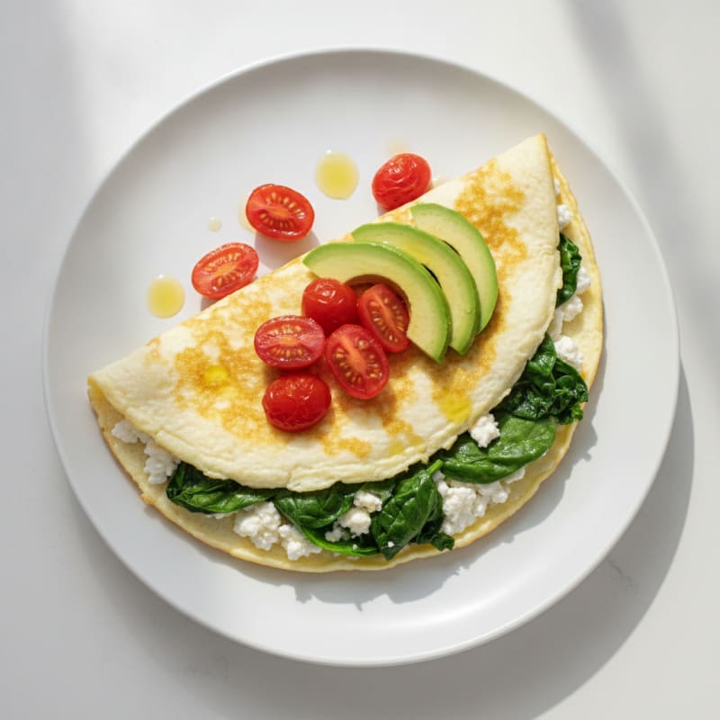 Egg White Spinach Omelette with Cottage Cheese and Cherry Tomatoes