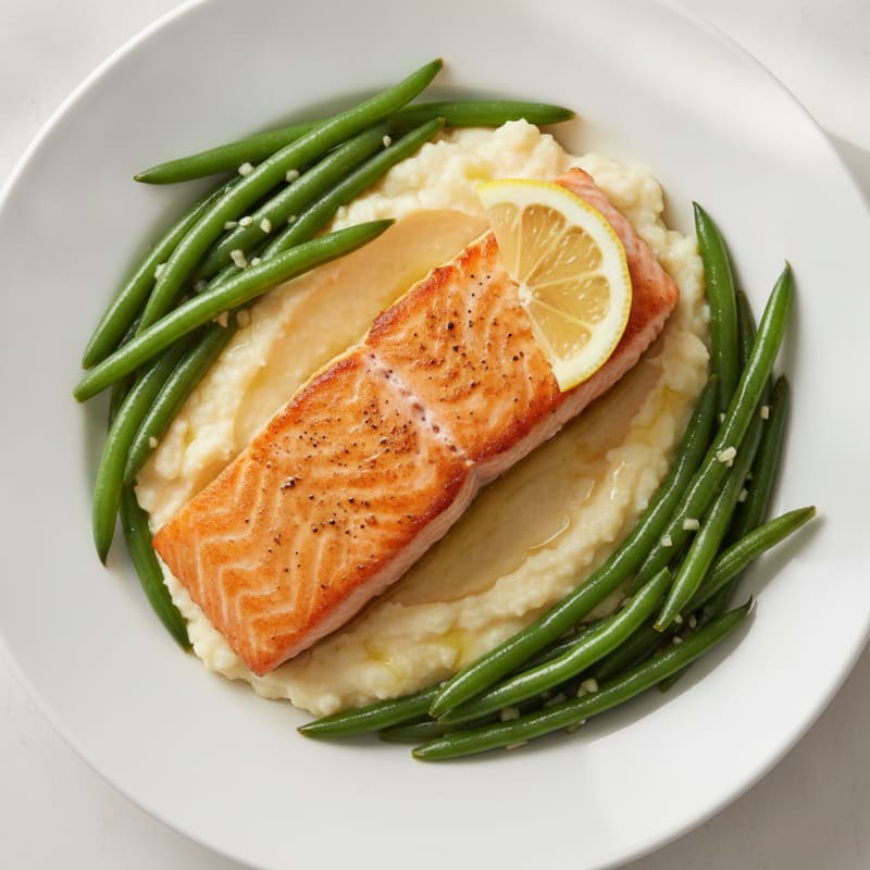 Seared Salmon with Garlic Green Beans and Cauliflower Mash