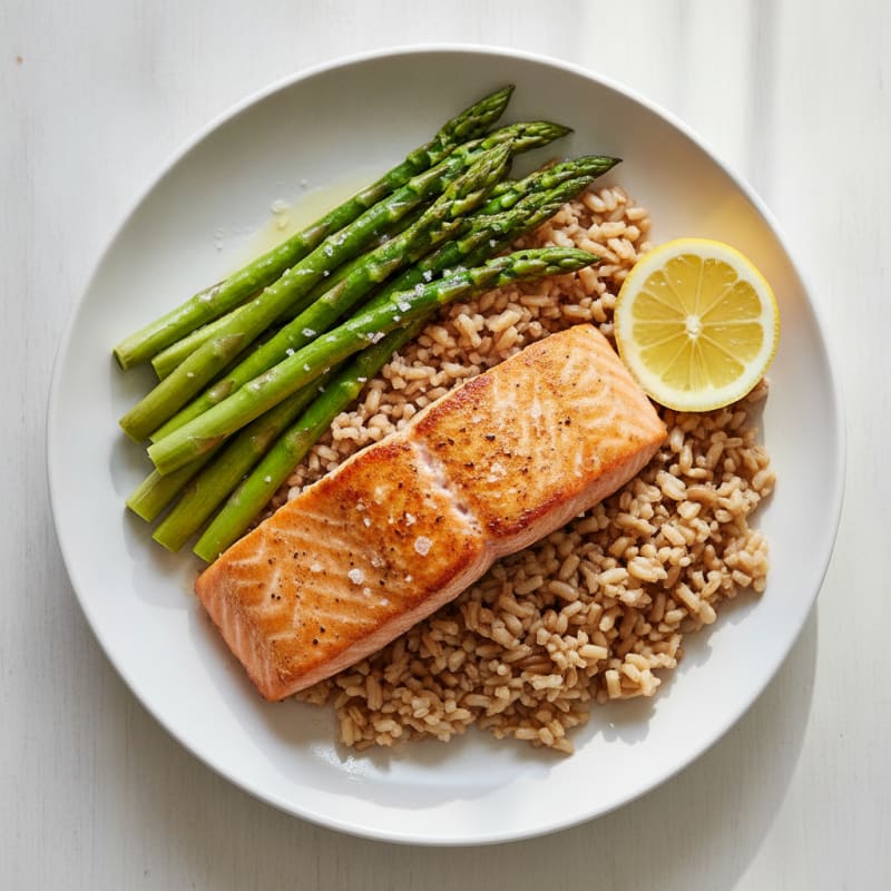 Seared Salmon Fillet with Steamed Asparagus and Brown Rice