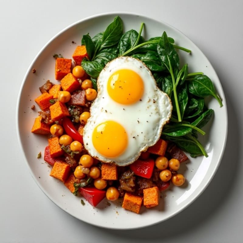 Crispy Sweet Potato and Egg Hash with Sautéed Greens
