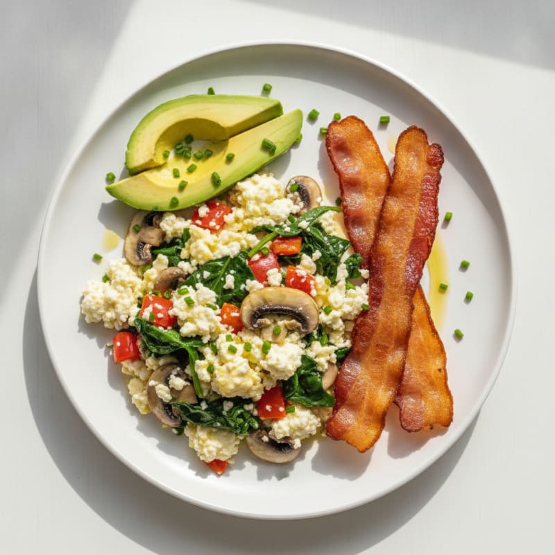 Egg White Veggie Scramble with Cottage Cheese and Turkey Bacon