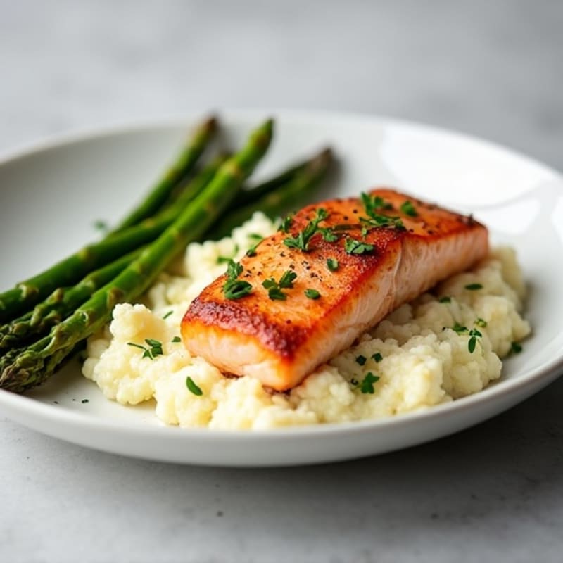 Seared Salmon Fillet with Steamed Asparagus and Garlic Mashed Cauliflower