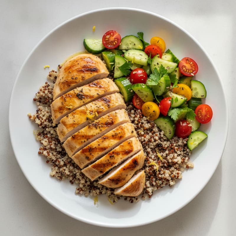 Grilled Chicken Breast with Quinoa and Crunchy Cucumber Tomato Salad