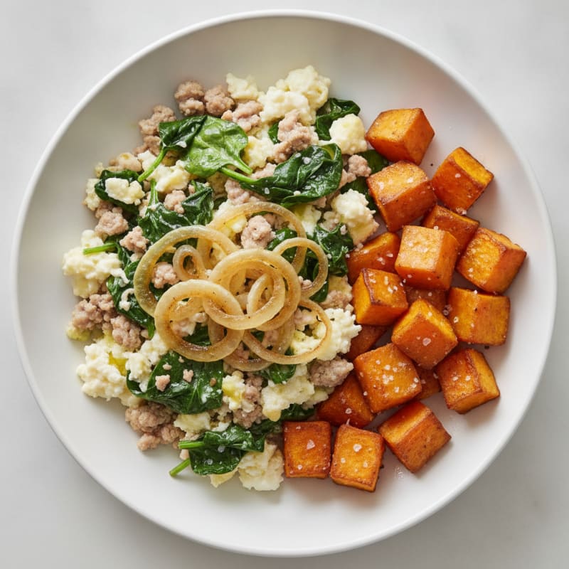 Egg White and Turkey Spinach Scramble with Roasted Sweet Potato
