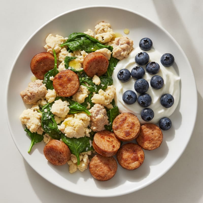Egg White and Spinach Scramble with Turkey Sausage and Greek Yogurt