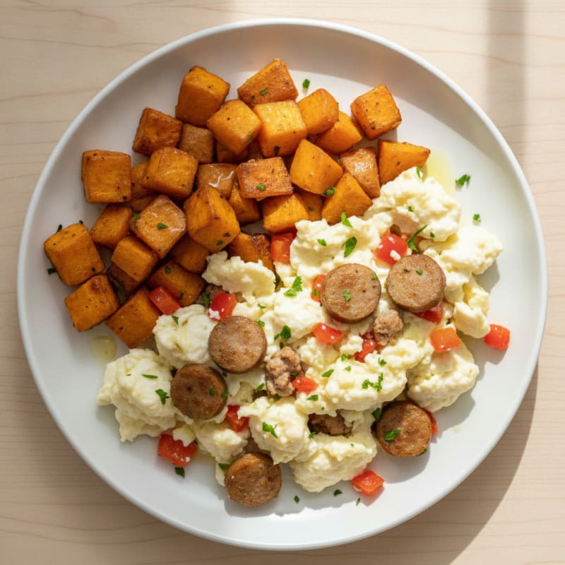 Egg White Scramble with Turkey Sausage and Roasted Sweet Potatoes