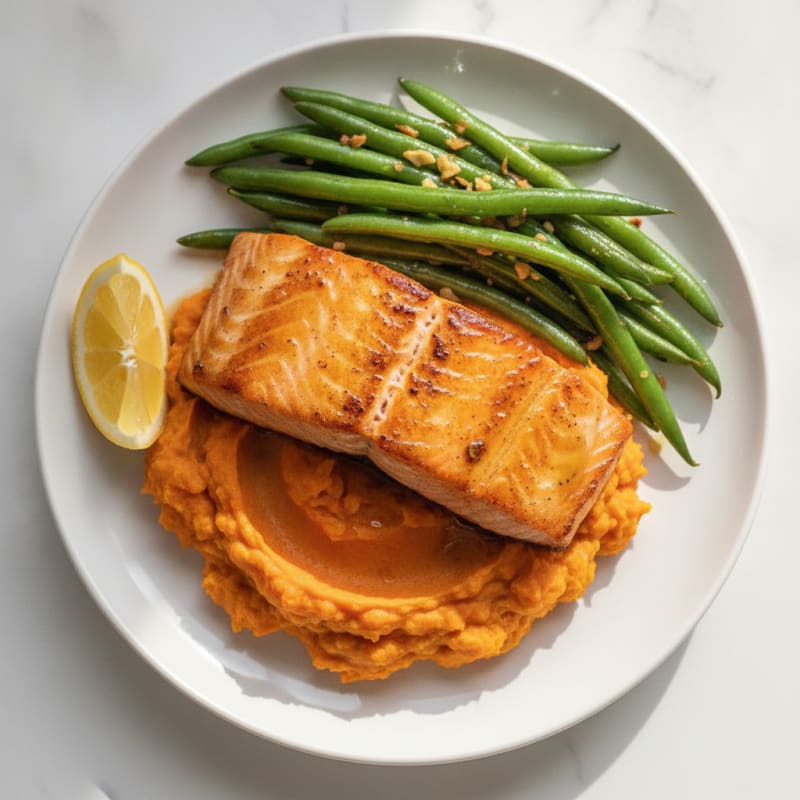 Seared Salmon with Garlic Green Beans and Sweet Potato Mash