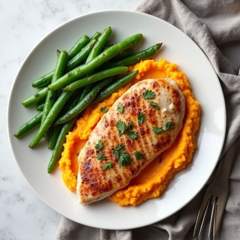 Seared Turkey Breast with Steamed Green Beans and Sweet Potato Mash