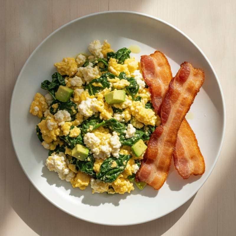 Cottage Cheese Scramble with Spinach and Turkey Bacon