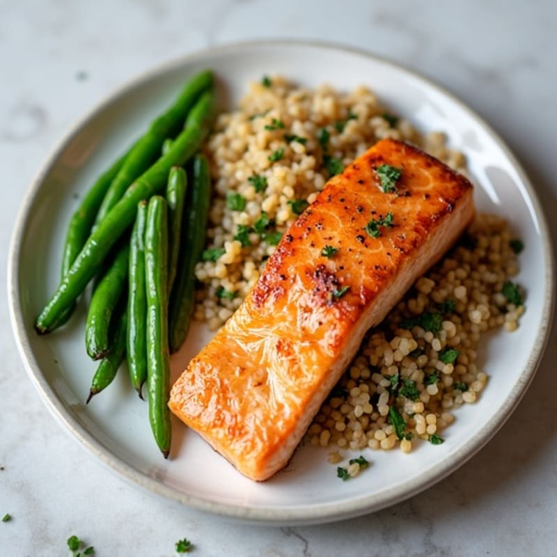 Seared Salmon Fillet with Garlic Green Beans and Brown Rice