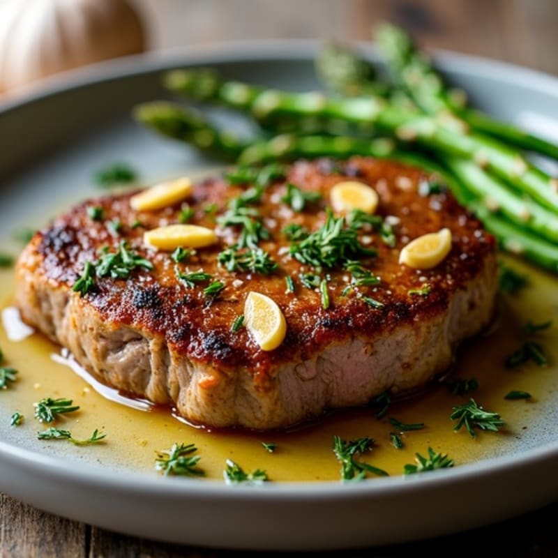 Herb-Crusted Pan Seared Steak with Roasted Garlic