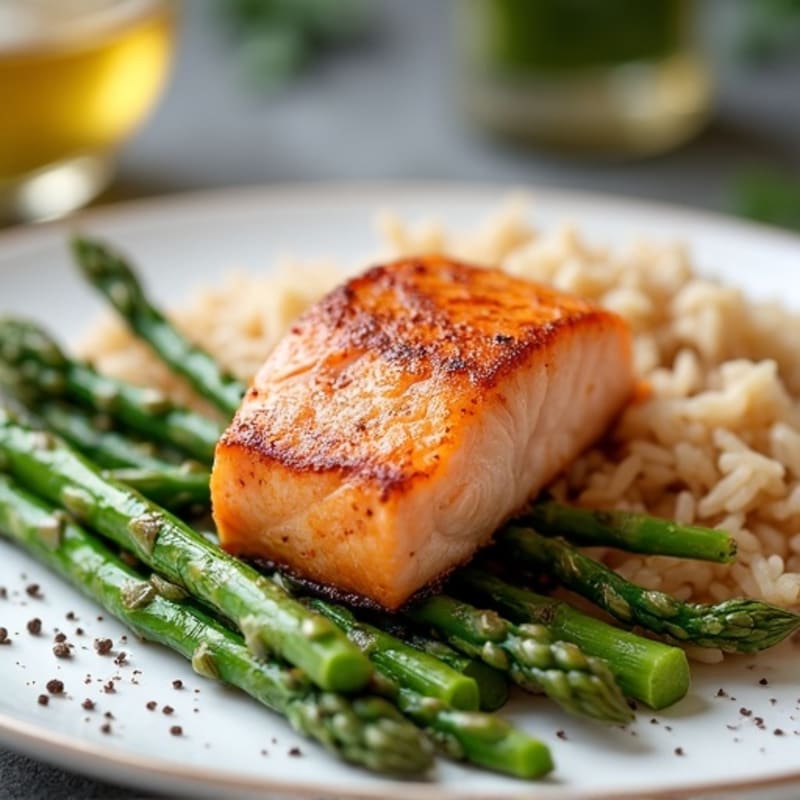 Seared Salmon with Steamed Asparagus and Brown Rice