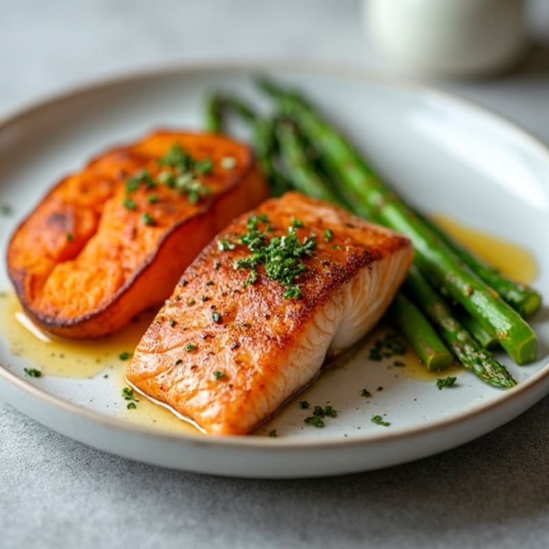 Crispy Pan-Seared Salmon with Roasted Asparagus and Sweet Potato