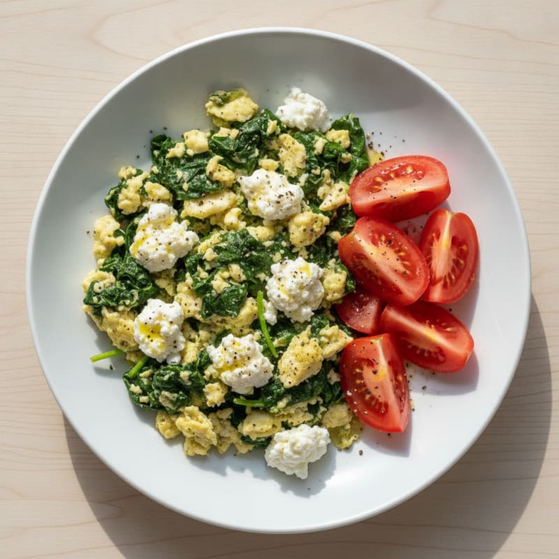 Egg White Spinach Scramble with Cottage Cheese and Sliced Tomatoes