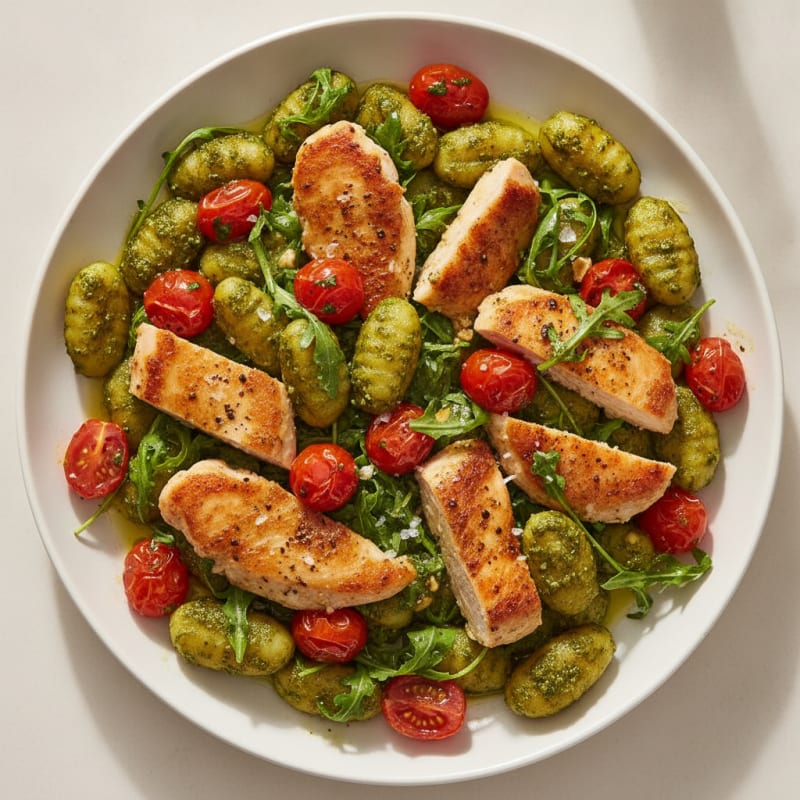 Gnocchi with Arugula Pesto and Cherry Tomatoes