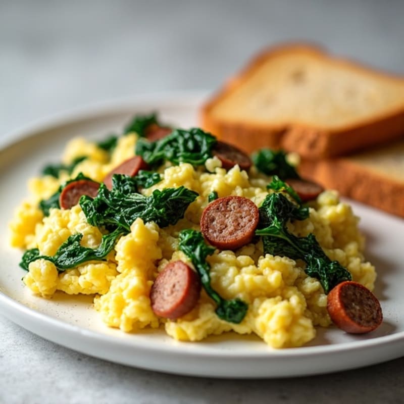 Egg White and Turkey Sausage Scramble with Sautéed Spinach