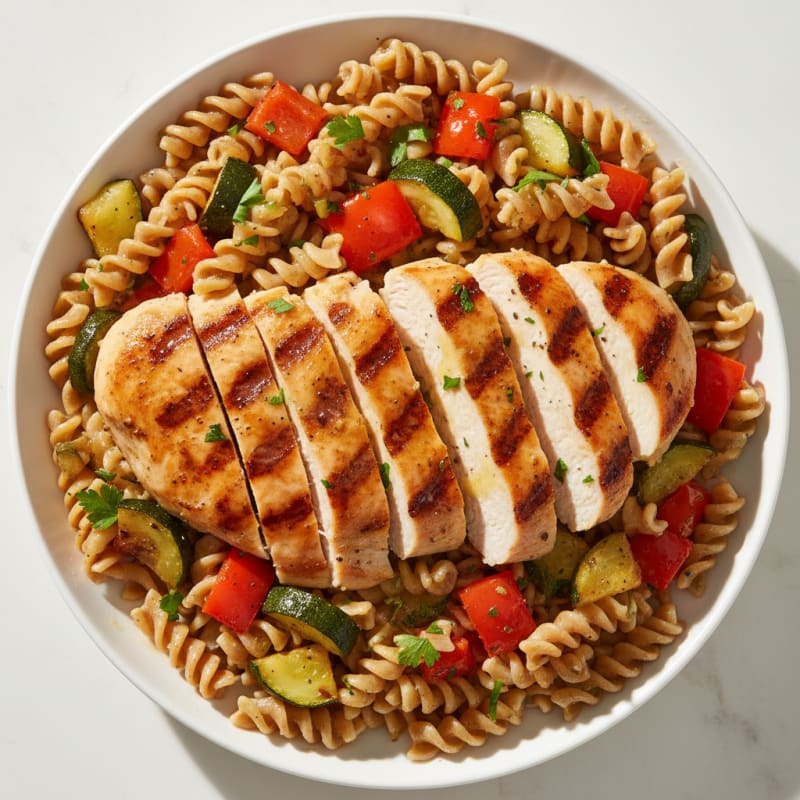 Grilled Chicken Breast with Roasted Veggie Pasta Salad