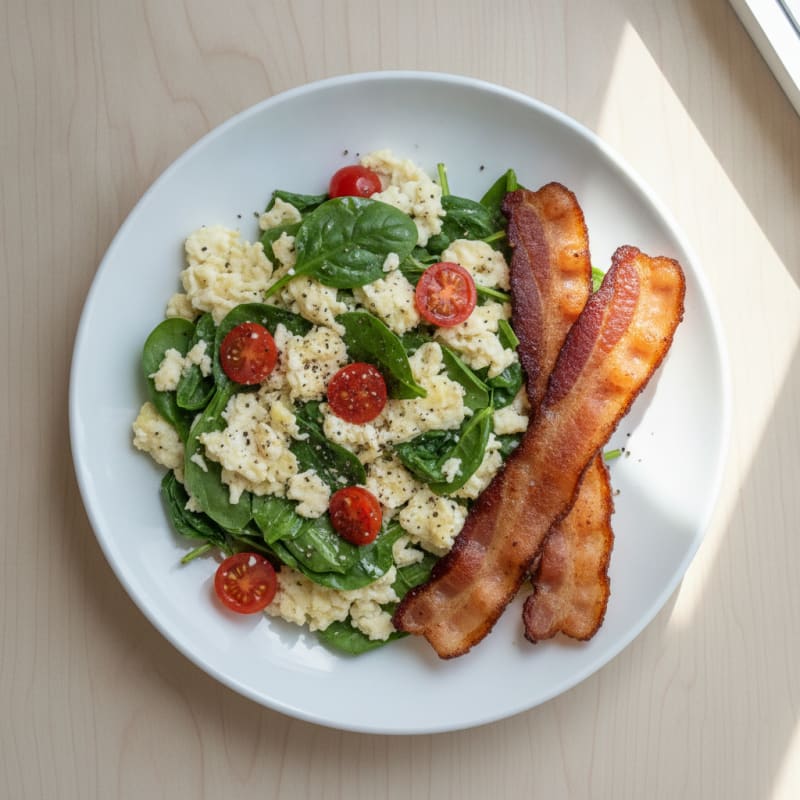 Egg White Spinach Scramble with Grilled Turkey Bacon