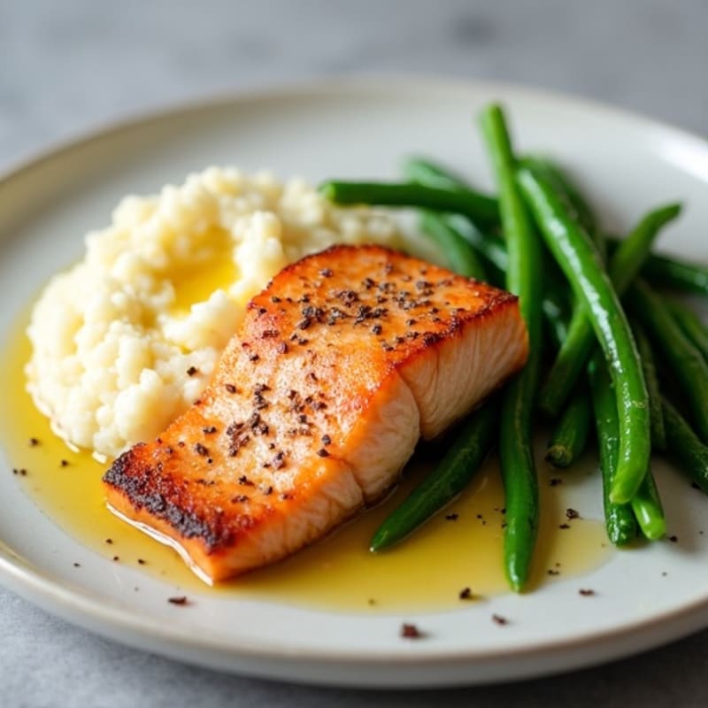 Seared Salmon with Steamed Green Beans and Cauliflower Mash