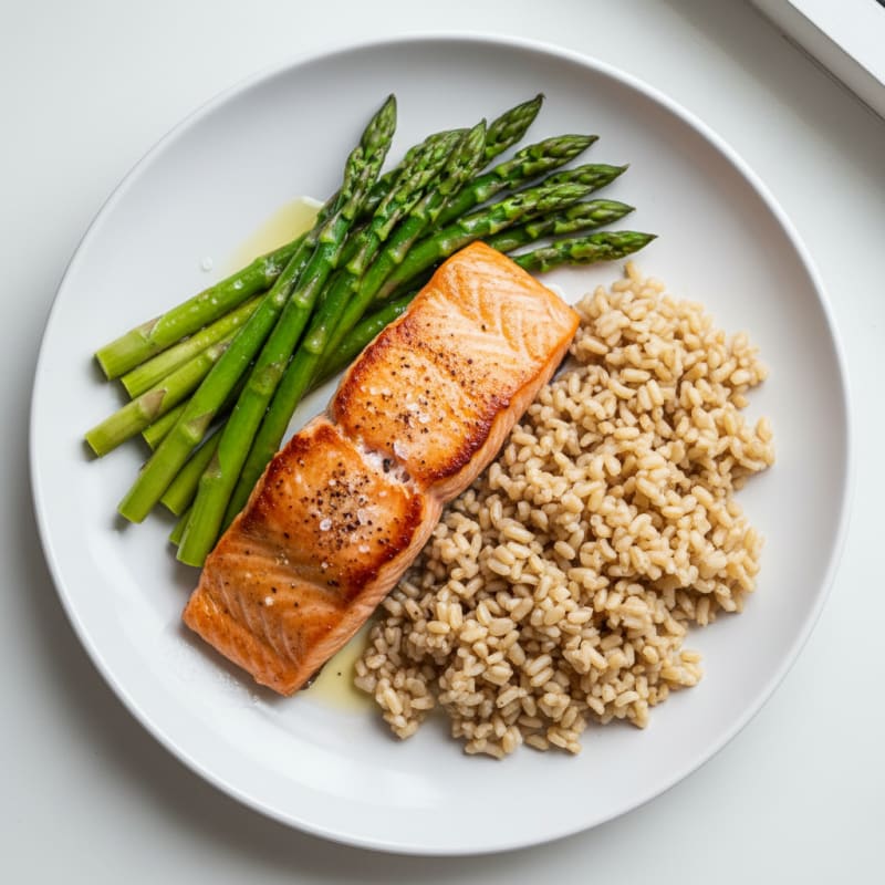 Seared Salmon with Steamed Asparagus and Brown Rice
