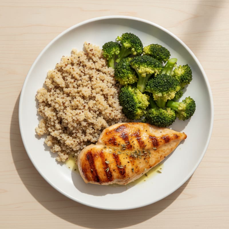 Grilled Chicken Breast with Steamed Broccoli and Quinoa