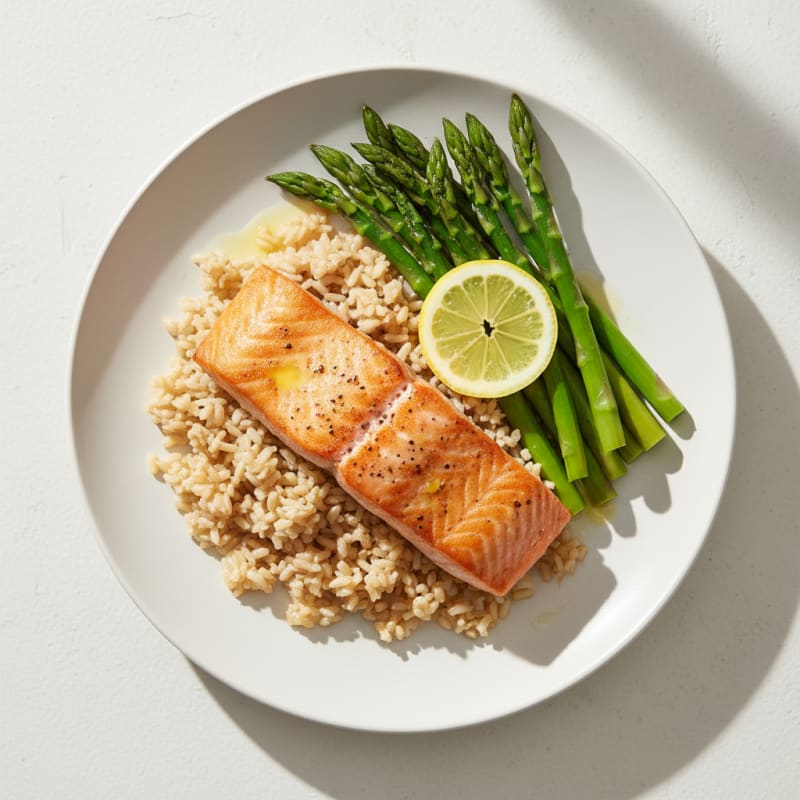 Seared Salmon with Steamed Asparagus and Brown Rice