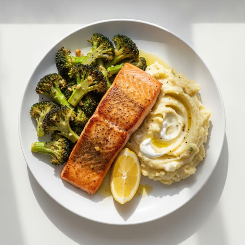 Seared Salmon with Roasted Broccoli and Garlic Mashed Potatoes