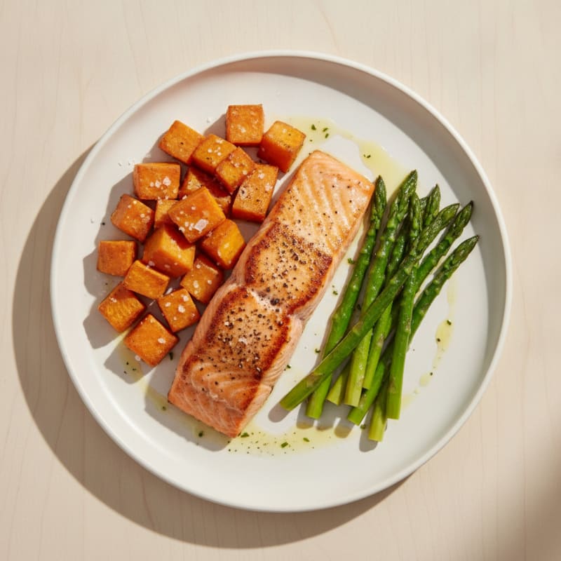 Pan-Seared Salmon with Roasted Sweet Potatoes and Asparagus