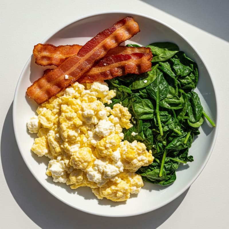 Cottage Cheese Scramble with Sautéed Spinach and Turkey Bacon