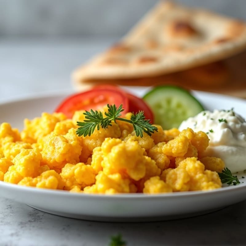 Scrambled Eggs with Fresh Tomato, Crisp Cucumber, Creamy Cottage Cheese, and Warm Pita