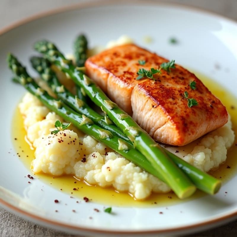Seared Salmon Fillet with Steamed Asparagus and Garlic Cauliflower Mash