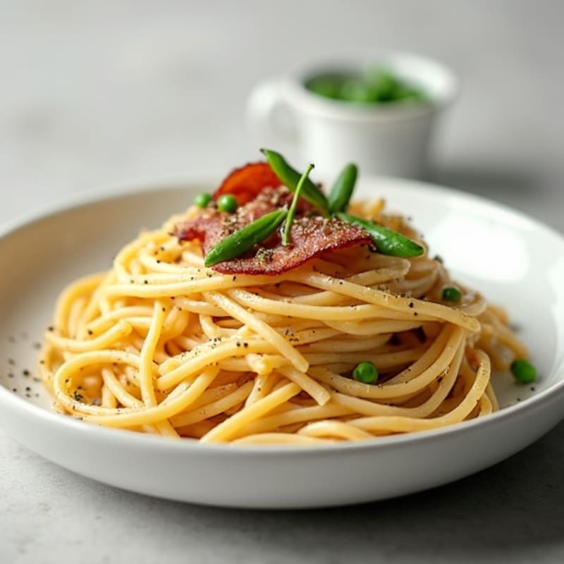 Creamy Healthy Carbonara Pasta with Crispy Prosciutto and Sweet Peas