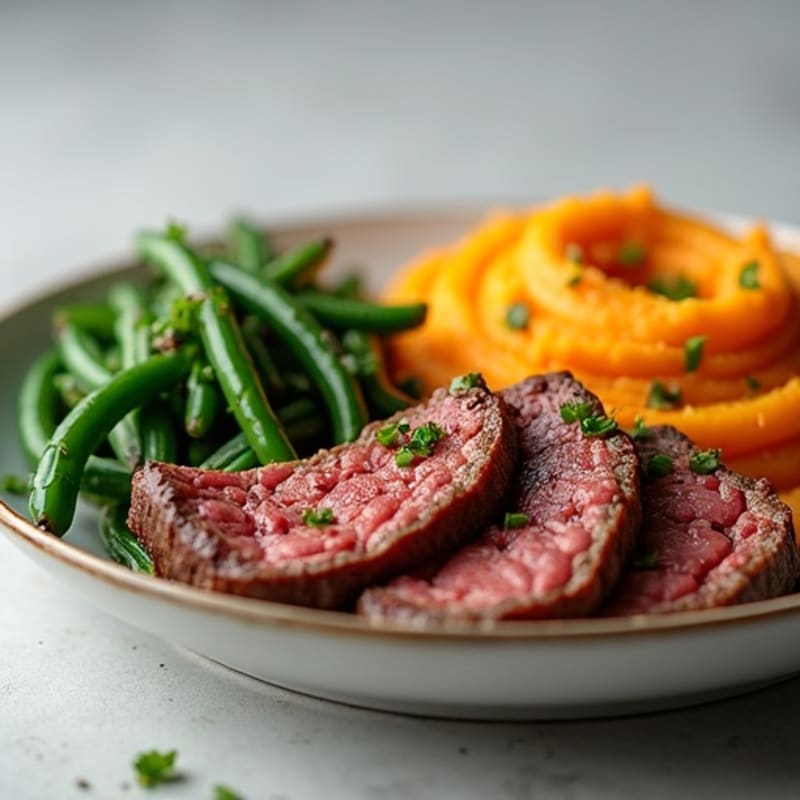 Seared Beef Strips with Garlic Green Beans and Sweet Potato Mash