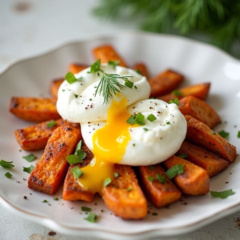 Poached Eggs with Crispy Sweet Potato and Creamy Lemon Dill Sauce