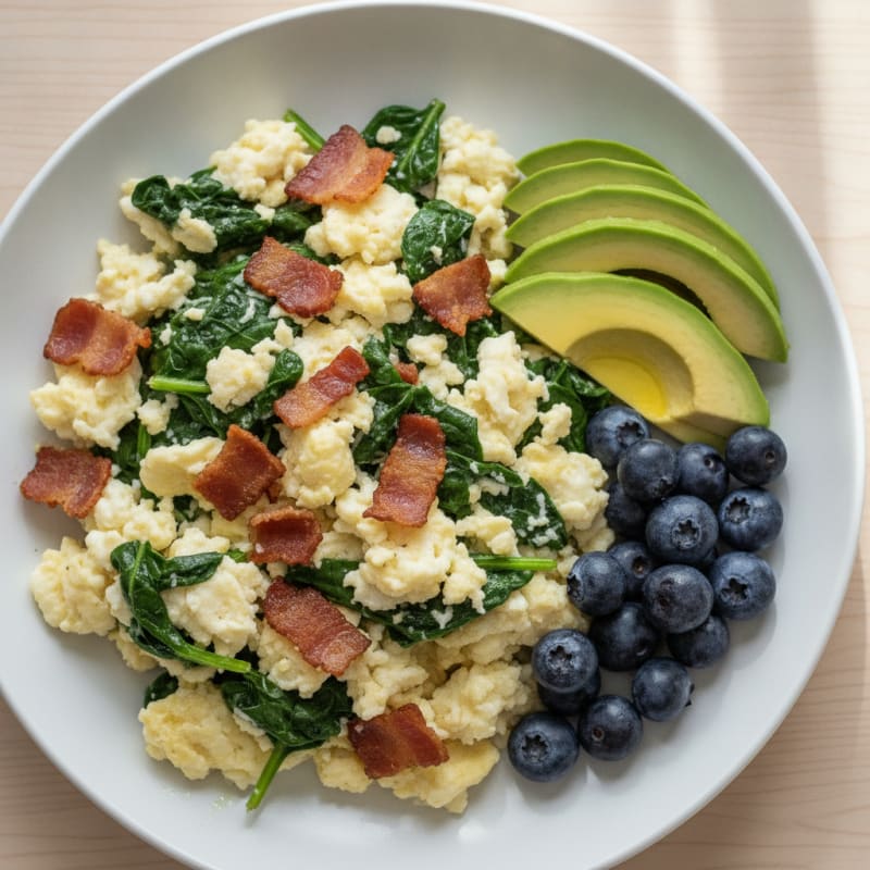 Crispy Turkey Bacon Egg White Scramble with Spinach
