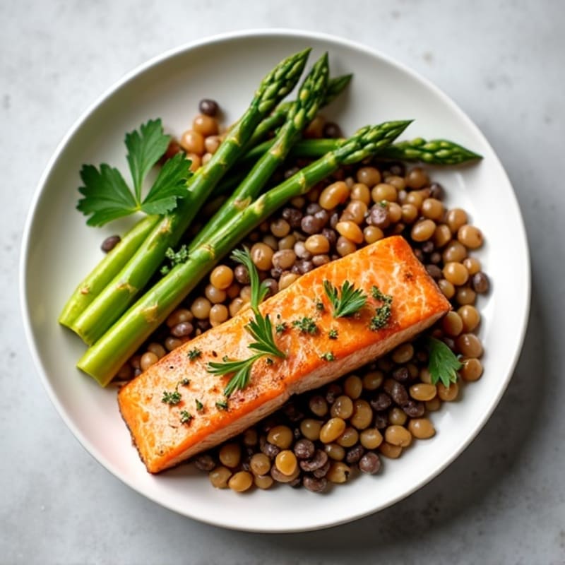 Seared Salmon Fillet with Lentil Salad and Steamed Asparagus