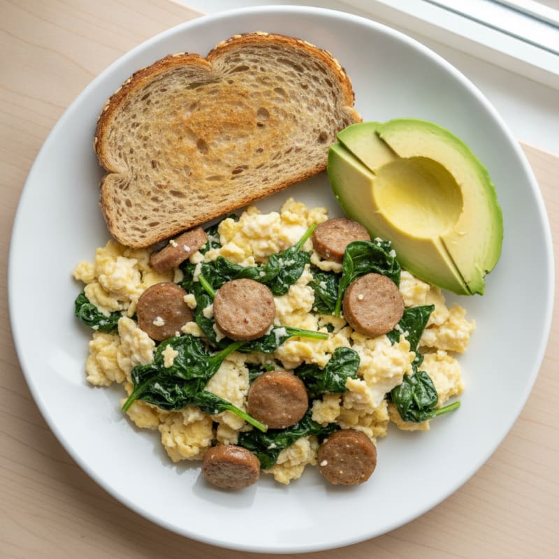 Egg White Scramble with Turkey Sausage and Sautéed Spinach