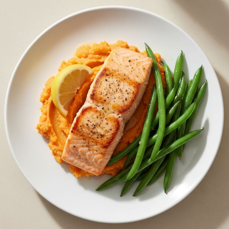 Seared Salmon with Steamed Green Beans and Sweet Potato Mash