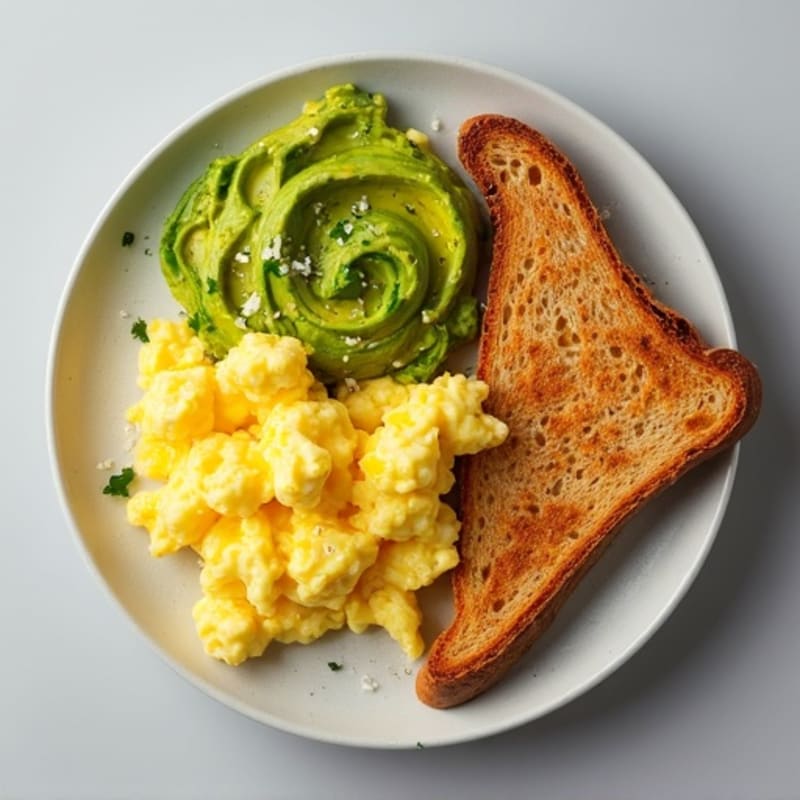 Creamy Scrambled Eggs with Smashed Avocado and Crispy Whole Grain Toast