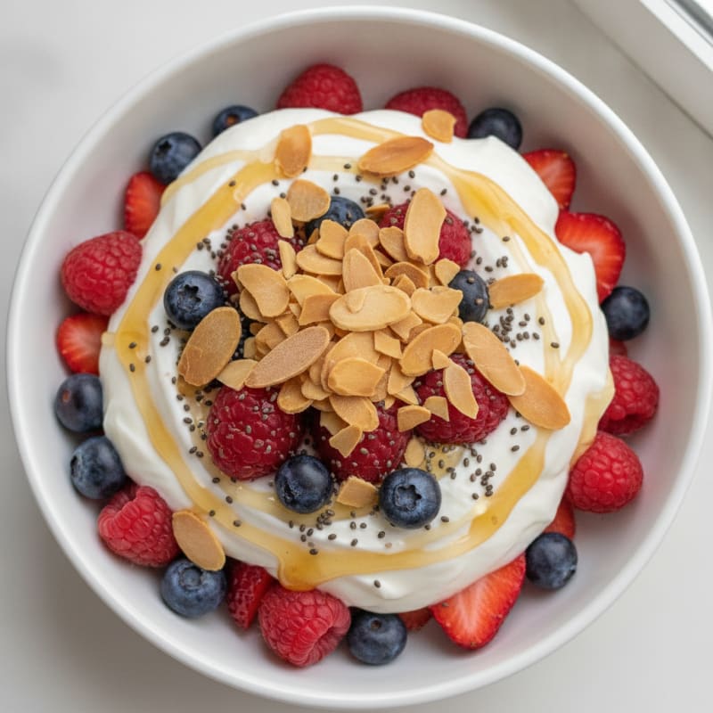 Greek Yogurt Protein Parfait with Mixed Berries and Almonds