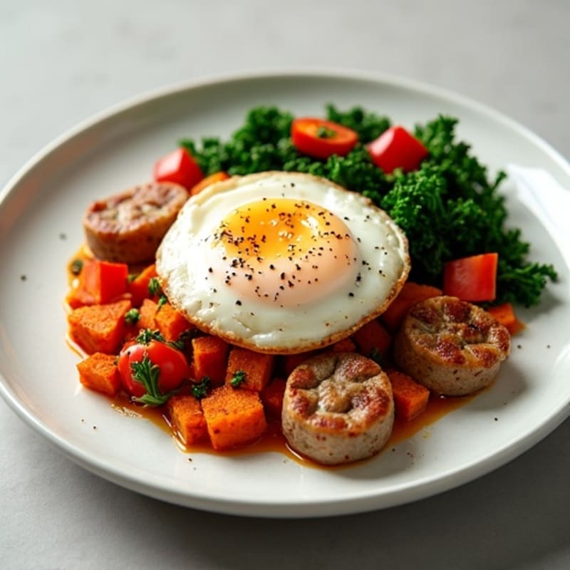 Sweet Potato Hash with Crispy Turkey Sausage and Sautéed Greens