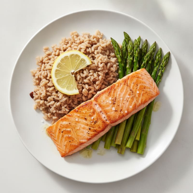 Seared Salmon with Steamed Asparagus and Brown Rice