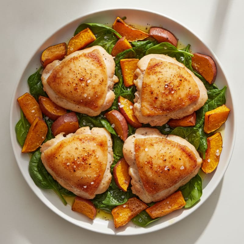 Roasted Chicken Thighs with Sweet Potato and Squash