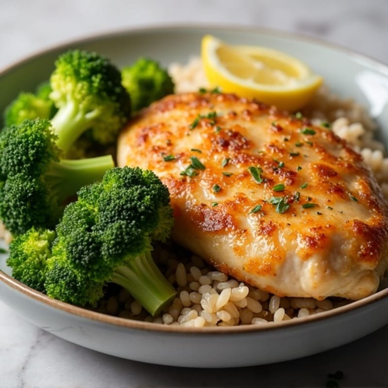Crispy Lemon Garlic Chicken with Brown Rice and Roasted Broccoli