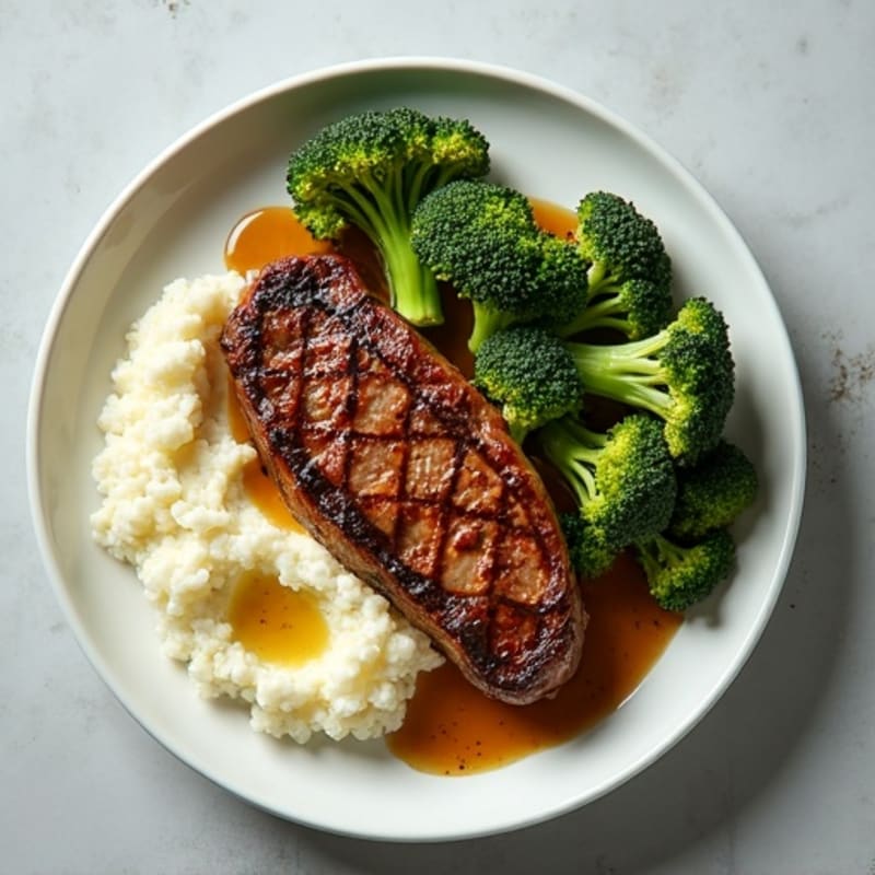 Seared Steak with Roasted Broccoli and Garlic Mashed Cauliflower