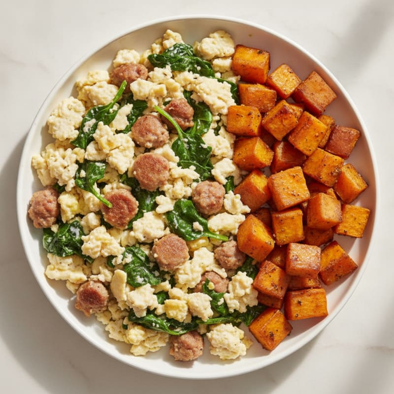 Egg White and Turkey Sausage Scramble with Spinach and Roasted Sweet Potato