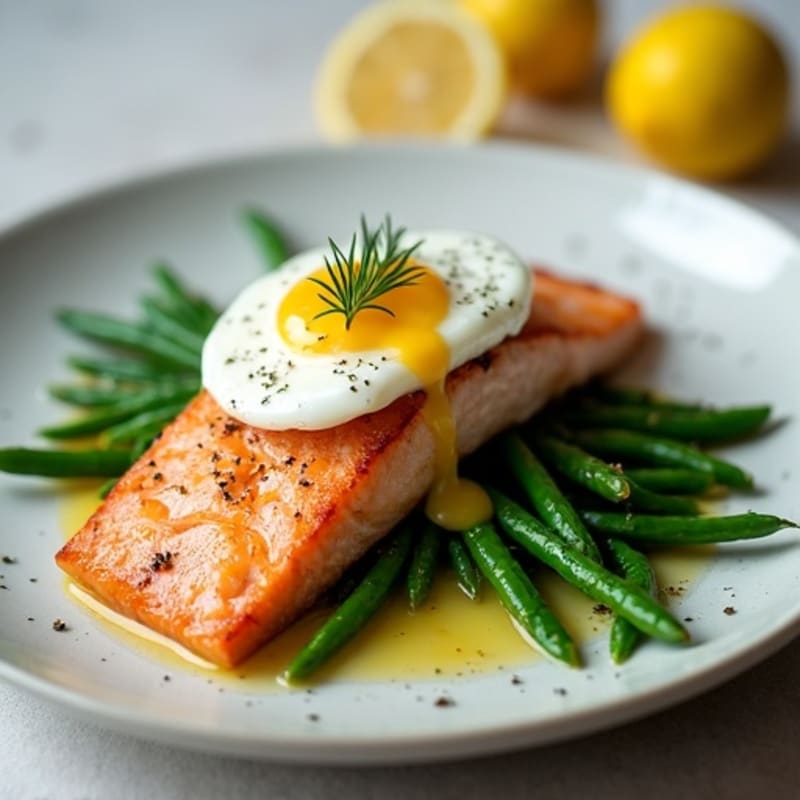Seared Salmon with Steamed Green Beans, Poached Egg & Lemon