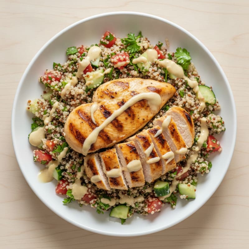 Grilled Chicken Breast with Quinoa Tabbouleh and Lemon Tahini Drizzle